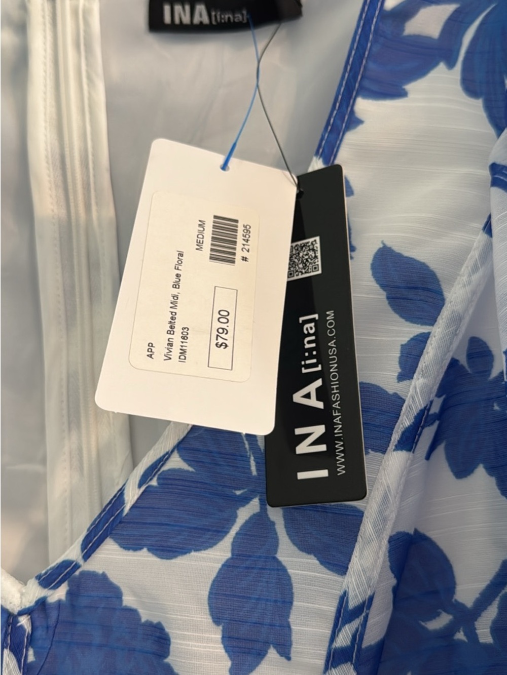 NWT Blue Floral V-Neck Midi Dress with Belt - Picture 6 of 7